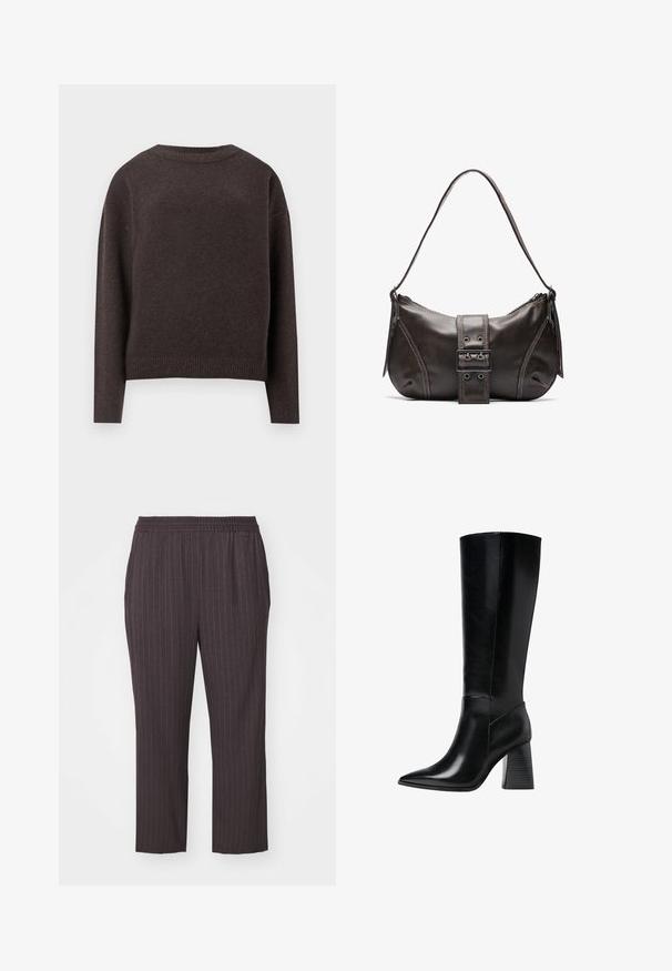 Ciemnobrązowy sweter z okrągłym dekoltem, z długimi rękawami oraz ściągaczami na mankietach i u dołu, pokazany z tyłu na białym tle.; Ciemnoszare spodnie z elastycznym paskiem, w pionowe prążki, zwężane u dołu, z gładkiego materiału i bocznymi kieszeniami dla uzyskania smukłego wyglądu.; Czarne skórzane botki do kolan z wąskim noskiem, gładką teksturą oraz masywnym, żłobionym obcasem dla stabilności. Elegancki design z minimalnymi akcentami.; Brązowa skórzana torba na ramię w kształcie łuku, z wyraźnym detalem klamry, kontrastowym przeszyciem i pojedynczym paskiem na ramię.