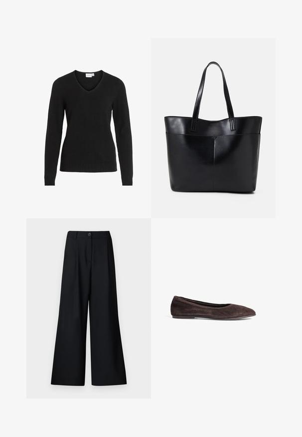 Czarny sweter V-neck z miękkiego materiału, z długimi rękawami, ribbowym dołem i mankietami, o prostym i klasycznym wzorze.; Czarny top na ramiączkach wykonany z prążkowanej tkaniny. Posiada okrągły dekolt i szerokie otwory na ramiona. Prosty dół z przeszyciami. Prosty design.; Modström GALE czarny; Brązowe zamszowe baleriny z wąskim czubkiem i niskim profilem. Charakteryzują się gładką fakturą i minimalistycznym wzornictwem. Brak widocznych elementów metalowych lub dekoracji.; Czarna skórzana torba na ramię z dwoma długimi uchwytami, gładką teksturą i sztywną formą. Posiada przednią kieszeń dla dodatkowego przechowywania.