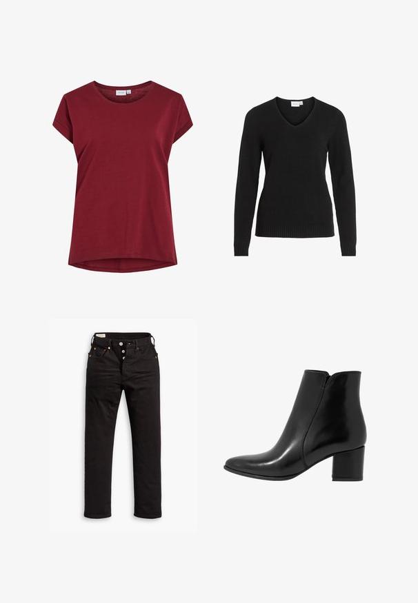 Svart V-ringad tröja i mjukt tyg, med långa ärmar, ribbad nederkant och mudd, med en enkel och klassisk design.; Burgunderfärgad t-shirt i mjuk bomull med rund hals, korta ärmar och en lätt böjd nederkant. Enkel design i enfärgad stil.; Svarta raka jeans med knappgylf, fram- och bakfickor samt kopparnitar detaljer på en vit bakgrund.; Anna Field LEATHER - Stövletter - black