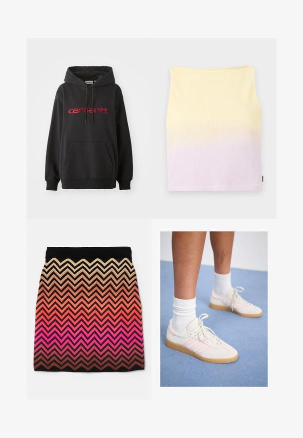 Melna kapuce, kas izgatavota no kokvilnas maisījuma, ar priekšējo kabatu, ribinātām piedurknēm un sarkanu izšūtu "carhartt" logotipu uz krūškurvja.; Ribota adīta kroptopa, ar gradienta rakstu no dzeltenas uz gaiši purpursarkanu, ar pieguļošu formu un noapaļu kakla izgriezumu.; Adītas svārkus ar zigzaga rakstu gradienta krāsās no beigām līdz rozā, ar melnu jostu un teksturētu audumu.; Balti un rozā zamšādas sporta apavi ar trim rozā svītrām, gaiši brūnu gumijas zolīšu un balti ribotām zeķēm. Novietoti uz zilas paklāja.