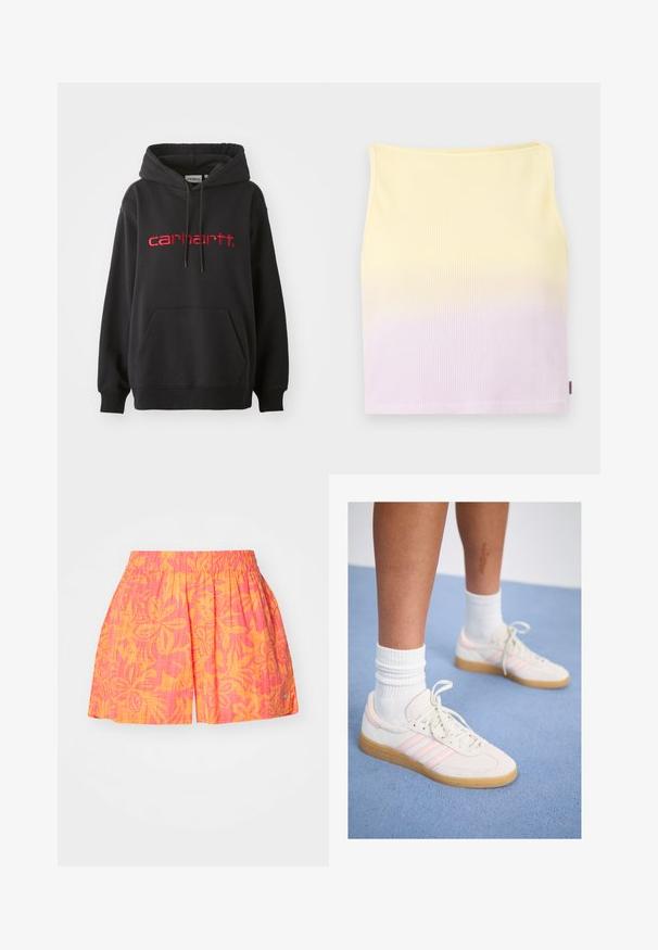 Fekete kapucnis pulóver pamut keverékből, elülső zsebbel, bordázott mandzsettával és piros hímezett "carhartt" logóval a mellkasán.; Csíkozott kötött crop top, sárgától világoslila árnyalatig terjedő gradient mintával, fitted fazonnal és kerek nyakkivágással.; Rózsaszín és narancssárga virágmintás sort, elasztikus derékkal és pliszézett kialakítással. Könnyű anyagból készült, kis oldalsó díszítéssel.; Fehér és rózsaszín velúr sportcipők három rózsaszín csíkkal, világos barna gumitalppal és fehér bordázott zoknival. Kék szőnyegen helyezkednek el.