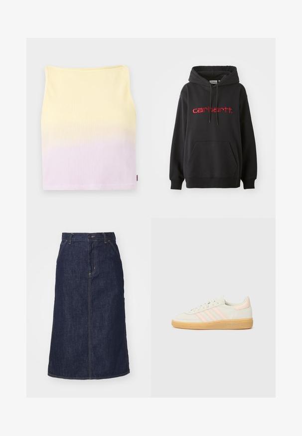 Felpa nera in misto cotone, con tasca frontale, polsini a costine e logo "carhartt" ricamato in rosso sul petto.; Top corto a coste, presenta un motivo a gradiente che va dal giallo al viola chiaro, con una forma aderente e un collo rotondo.; Gonna di jeans scuro con vita alta, taglio dritto, tasche frontali e cuciture a vista. Presenta una chiusura con zip e bottone in vita.; Sneaker in suede con una toma superiore crema, tre strisce rosa pallido e suola in gomma. Design con lacci, dettagli cuciti e branding.