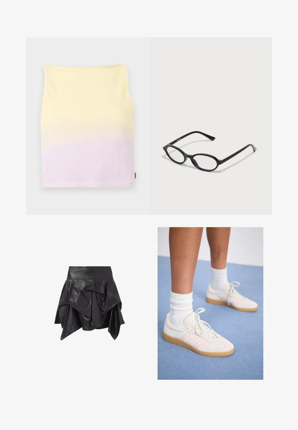 Schwarzer Hoodie aus Baumwollmischung, mit einer Fronttasche, gerippten Bündchen und einem roten gestickten "carhartt"-Logo auf der Brust.; Geripptes Strick-Crop-Top, mit einem Farbverlauf von Gelb zu Helllila, in figurbetonter Form und mit einem runden Ausschnitt.; Schwarze Lederrock mit einem ausgestellten, asymmetrischen Design, drapierten Details und einem taillierten Bündchen. Glatte Textur mit glänzendem Finish.; Weiße und rosa Wildledersneaker mit drei rosa Streifen, hellbrauner Gummisohle und weißen, gerippten Socken. Auf blauem Teppich positioniert.; Schwarze Brille mit ovalem Rahmen und durchscheinenden lila Akzenten auf den Gläsern. Der Rahmen hat eine matte Oberfläche und schlanke, gerade Bügel.