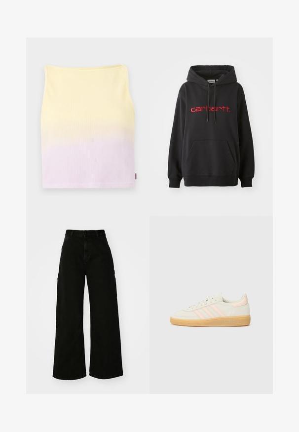 Schwarzer Hoodie aus Baumwollmischung, mit einer Fronttasche, gerippten Bündchen und einem roten gestickten "carhartt"-Logo auf der Brust.; Geripptes Strick-Crop-Top, mit einem Farbverlauf von Gelb zu Helllila, in figurbetonter Form und mit einem runden Ausschnitt.; Schwarze weite Cargo-Jeans mit hohem Bund, Frontknopfverschluss und Seitentaschen. Glatte Textur mit minimaler Naht.; Wildledersneaker mit einer cremefarbenen Oberseite, hellrosa drei Streifen und einer Gummisohle. Schnürdesign mit gestickten Akzenten und Branding.