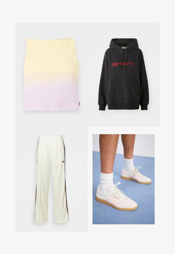Zwarte hoodie van een katoenmix, met een voorktas, geribbelde manchetten en een rode geborduurde "carhartt" logo op de borst.; Geribbelde gebreide crop top, met een gradient patroon van geel naar lichtpaars, met een aansluitende vorm en een ronde halslijn.; Crème-kleurige sweatpants met een relaxte pasvorm, voorzien van donkerbruine zijstrepen en een geborduurd logo op de linkerdij.; Witte en roze suède sneakers met drie roze strepen, een lichtbruine rubberen buitenzool en witte geribbelde sokken. Geplaatst op een blauw tapijt.