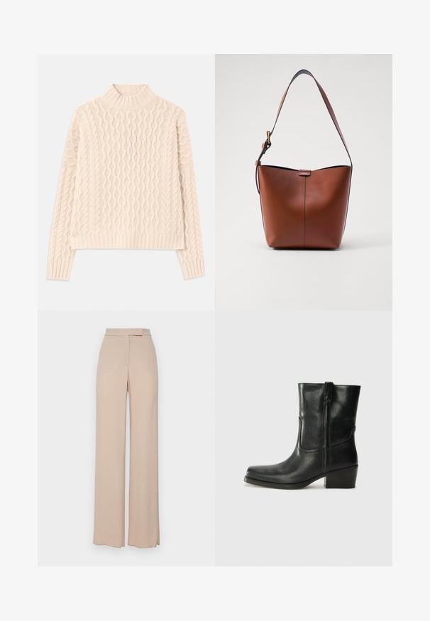 Cream-colored knitted sweater with a high ribbed collar, featuring a wave pattern and ribbed cuffs and hem. Relaxed fit and textured finish.; Beige wide-leg trousers made from a lightweight fabric. Features a smooth texture, front pockets, and a subtle waistband design.; Black leather ankle boot with a rounded toe, block heel, side zipper, and stitching accents on the vamp. Smooth texture, classic design.; Brown leather shoulder bag with a curved shape, smooth texture, and a single thin strap. Features a subtle seam and a small logo detail.