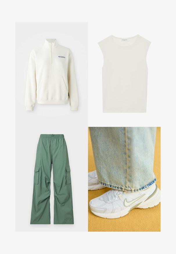 Crème-kleurige sweatshirt met ritssluiting en een voorzak, geribde manchetten en een blauw "new balance" logo op de borst. Zachte textuur.; Witte mouwloze top met een ronde halslijn. Gemaakt van gladde stof, het heeft een losse pasvorm en een minimalistisch ontwerp. Geen patronen of accenten.; Groene cargobroek met een elastische tailleband, wijde pijpen en zijkanten met zakken. Gemaakt van lichtgewicht stof, met een gladde textuur en een relaxte pasvorm.; Witte sport sneakers met een bovenkant van netstof, groene accenten, een gestructureerde zool, gecombineerd met lichtblauwe spijkerbroek met een uitgerafelde zoom.