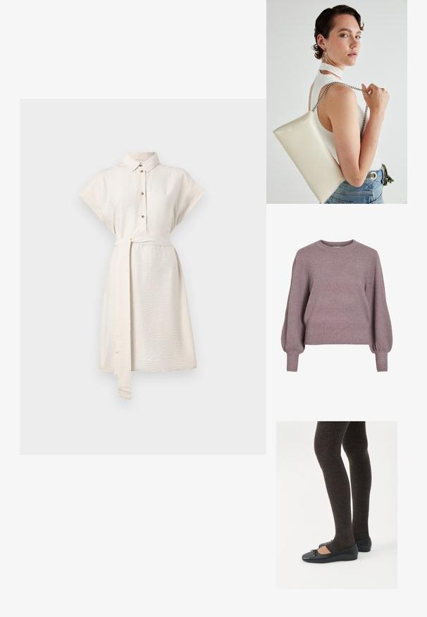 Pehmeast lillast lõngast kootud sviiter, millel on ümmargune kaelus, pikad ballonvarrukad ning soonik serv ja mansetid, et saavutada tekstuuriline viimistlus.; Kreem värvi lühikeste varrukate ja kaelusega särgimekko, nööpidega esiosal ja vöödega. Sile tekstuur ning põlvepikkune hem, küljetaskudega.; Mustad mustad kingad väikese teksaga varvaste juures, koos tumedate pruunide ribakangastega. Kingadel on sile tekstuur ja madal profiil.; Valge ristkülikuline kotti, mis on valmistatud läikivast materjalist, hõbedase ahelsangaga. Mudel poseerib, tutvustades kotti ühtlase taustaga.