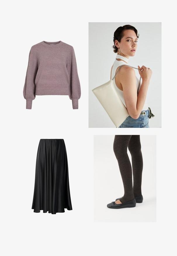 Gestrickter Pullover in sanftem Lila, mit Rundhalsausschnitt, langen Ballonärmeln sowie einem gerippten Saum und Bündchen für eine strukturierte Optik.; Schwarze Maxirock aus glattem Stoff, mit elastischem Taillenbund, voluminöser Silhouette und fließendem Saum ohne sichtbare Muster oder Details.; Schwarze flache Schuhe mit einem kleinen Schleifendetail an der Zehe, kombiniert mit dunkelbraunen gerippten Strumpfhosen. Die Schuhe haben eine glatte Textur und ein niedriges Profil.; Weiße rechteckige Clutch aus glänzendem Material mit einem silbernen Kettenriemen. Das Model posiert und präsentiert die Tasche vor einem schlichten Hintergrund.