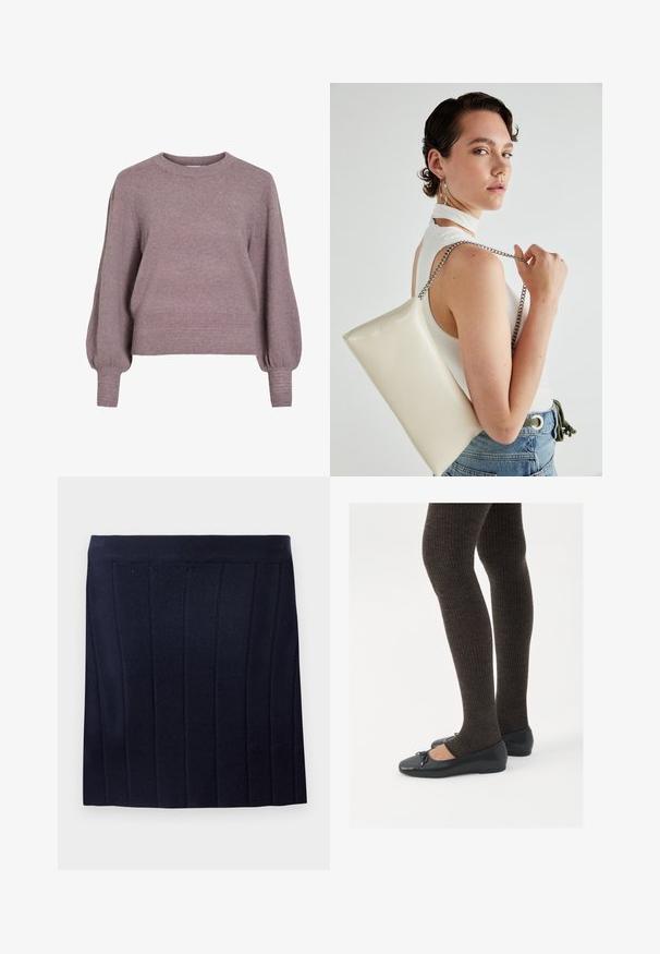 Gestrickter Pullover in sanftem Lila, mit Rundhalsausschnitt, langen Ballonärmeln sowie einem gerippten Saum und Bündchen für eine strukturierte Optik.; Object OBJTHESS - Minirock - sky captain; Schwarze flache Schuhe mit einem kleinen Schleifendetail an der Zehe, kombiniert mit dunkelbraunen gerippten Strumpfhosen. Die Schuhe haben eine glatte Textur und ein niedriges Profil.; Weiße rechteckige Clutch aus glänzendem Material mit einem silbernen Kettenriemen. Das Model posiert und präsentiert die Tasche vor einem schlichten Hintergrund.