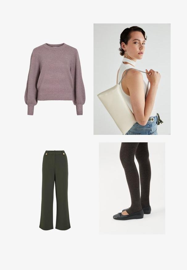 Pull en tricot dans un doux violet, avec un col rond, de longues manches ballons et un ourlet et des poignets côtelés pour une finition texturée.; Pantalons larges vert olive avec une texture lisse, dotés de deux boutons dorés à la taille et d'une silhouette épurée et bien ajustée.; Chaussures plates noires avec un petit nœud au niveau des orteils, associées à des collants côtelés marron foncé. Les chaussures ont une texture lisse et un profil bas.; Pochette rectangulaire blanche en matériau brillant, avec une bandoulière en chaîne argentée. Le modèle pose en mettant en valeur le sac contre un fond uni.