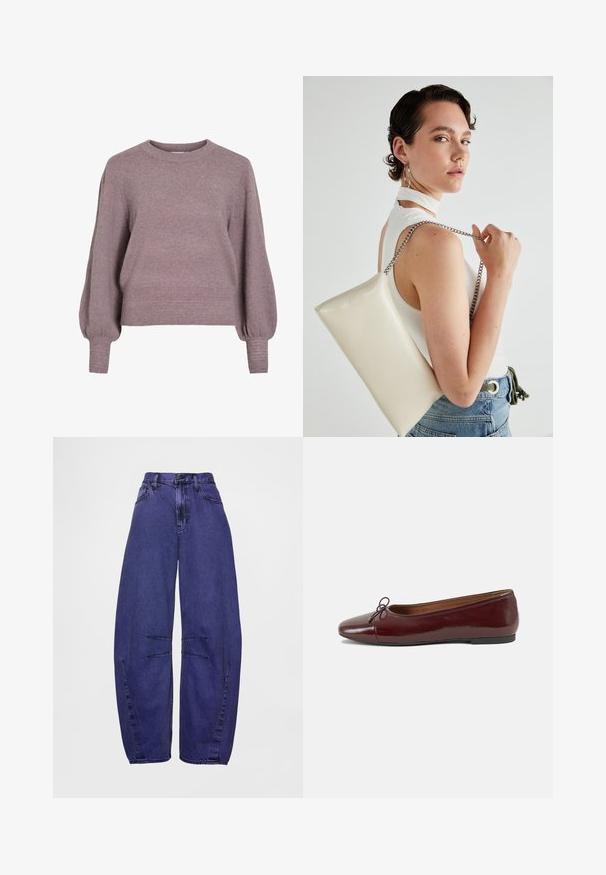 Purinė megzto puloverio su pečių apykakle, ilgomis balioninėmis rankovėmis ir sienelėmis bei rankogaliais, suteikiančiais tekstūruotą apdailą, švelniai violetinės spalvos.; Plati kojų kirpimo violetinės džinsinės kelnės su aukštu liemeniu, priekinėmis kišenėmis ir dviem horizontaliomis siūlėmis ant kojų.; Bordo lakiotos odos baleto bateliai su apvalia nosimi, maža kaspinėlio akcentu priekyje ir žema juoda guma padanga. Lygi tekstūra.; Balta, stačiakampio formos rankinė pagaminta iš blizgaus medžiagos, su sidabriniu virvute. Modelis pozavo, demonstruodamas rankinę prieš paprastą foną.