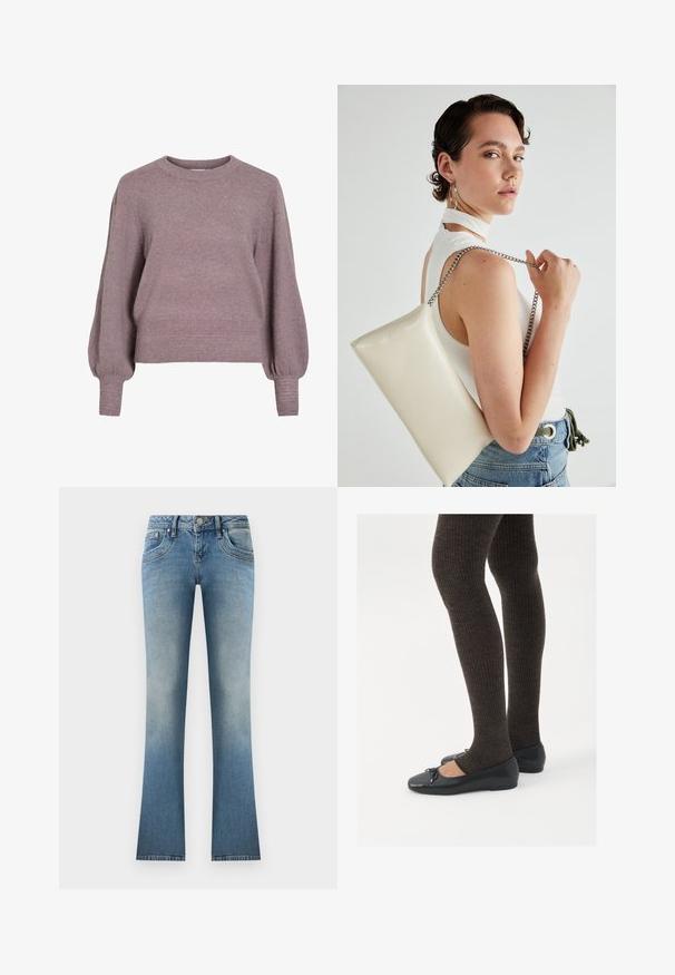 Stickad tröja i mjuk lila, med rundad halsringning, långa ballongsärmar och ribbade avslut på nederkant och ärmar för en texturerad finish.; Ljusblå utsvängda jeans i denim. Har en urtvättad look, fem fickor och en knappstängning med bälteloopar i midjan.; Svarta platta skor med en liten rosett vid tån, i kombination med mörkbruna ribbade strumpbyxor. Skorna har en slät yta och låg profil.; Vitt rektangulärt clutch-väsk i glänsande material, med en kedjesnor i silver. Modellen poserar och visar upp väskan mot en neutral bakgrund.