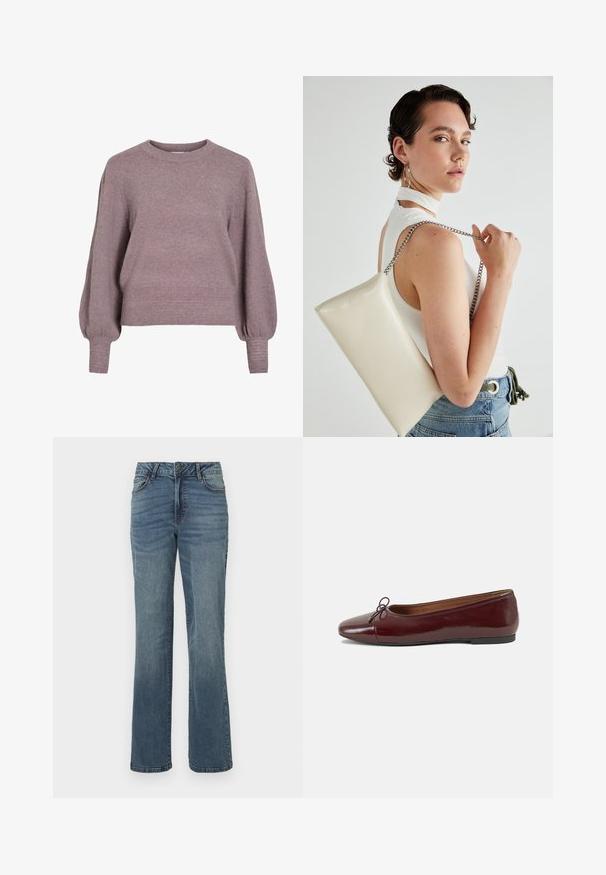 Πλεκτό πουλόβερ σε απαλό μωβ, με στρογγυλή λαιμόκοψη, μακριές μπαλονάτες μανίκες και ριχτό τελείωμα στα μανίκια και το λάστιχο για μια υφή με ενδιαφέρον.; Μπλε τζιν παντελόνι ίσιας γραμμής με μπροστινό κουμπί και φερμουάρ, μπροστινές και πίσω τσέπες και λεπτομέρειες φθοράς.; Μπορντό παρθένα δερμάτινα μπαλαρίνες με στρογγυλή μύτη, μικρή διακόσμηση φιόγκου στο μπροστινό μέρος και χαμηλή, μαύρη καουτσούκ σόλα. Λείος υφής.; Λευκή ορθογώνια τσάντα συμπλέκτη, φτιαγμένη από γυαλιστερό υλικό, με ασημένια αλυσίδα. Το μοντέλο ποζάρει, επιδεικνύοντας την τσάντα σε απλό φόντο.