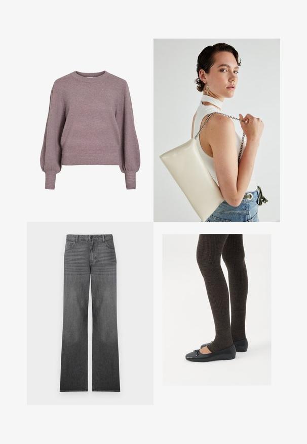 Strikket pullover i blød lilla med rund hals, lange ballonærmer og ribkant i nederkant og ved ærmerne for en struktureret finish.; Grå denim brede ben jeans med en middel vask, der har design med fem lommer, frontknaplukning og diskrete sømdetaljer.; Sorte flade sko med en lille sløjfedetalje ved tåen, parret med mørkebrune ribbede strømpebukser. Skoene har en glat overflade og lav profil.; Hvid rektangulær clutch-taske lavet af skinnende materiale, med en sølv kædetransport. Modellen poser, mens hun fremviser tasken mod en ensfarvet baggrund.
