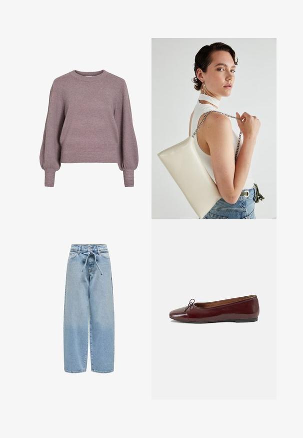 Adīta džemperis mīkstā purpursarkanā krāsā ar apaļu kakla izgriezumu, garām ballonveida piedurknēm, kā arī ribota apakšmalu un aprocēm, piešķirot teksturētu apdari.; Gai zila denima plaša kāju džinsi ar sasietu jostu, piecām kabatām un nedaudz nolietotu apdari ar mazām pleķītēm visā virsmā.; Burgundijas laku ādas baleta kurpes ar noapaļotu purngalu, nelielu loku akcentu priekšā un zemu melnu gumijas zoli. Gluda tekstūra.; Balts taisnstūra clutch soma, izgatavota no spīdīga materiāla, ar sudraba ķēdes siksnu. Modelis pozē, demonstrējot somu uz vienkārša fona.