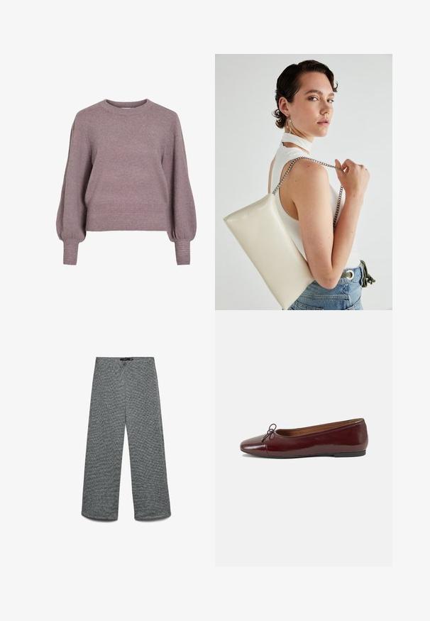 Pull en tricot dans un doux violet, avec un col rond, de longues manches ballons et un ourlet et des poignets côtelés pour une finition texturée.; Pantalon à jambes larges en tissu tricoté gris texturé. Doté d'une taille haute et de jambes droites, offrant une coupe décontractée.; Ballerines en cuir verni bordeaux avec un bout rond, un petit nœud décoratif à l'avant et une semelle en caoutchouc noire basse. Texture lisse.; Pochette rectangulaire blanche en matériau brillant, avec une bandoulière en chaîne argentée. Le modèle pose en mettant en valeur le sac contre un fond uni.