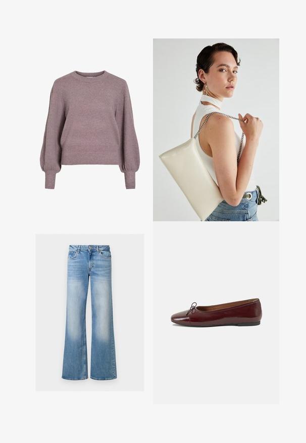 Purinė megzto puloverio su pečių apykakle, ilgomis balioninėmis rankovėmis ir sienelėmis bei rankogaliais, suteikiančiais tekstūruotą apdailą, švelniai violetinės spalvos.; Šviesiai mėlynos džinsinės plačių kojų kelnės su išblukusia tekstūra, aukštu liemeniu ir penkių kišenių dizainu, turinčios mygtuką ir užtrauktuką.; Bordo lakiotos odos baleto bateliai su apvalia nosimi, maža kaspinėlio akcentu priekyje ir žema juoda guma padanga. Lygi tekstūra.; Balta, stačiakampio formos rankinė pagaminta iš blizgaus medžiagos, su sidabriniu virvute. Modelis pozavo, demonstruodamas rankinę prieš paprastą foną.