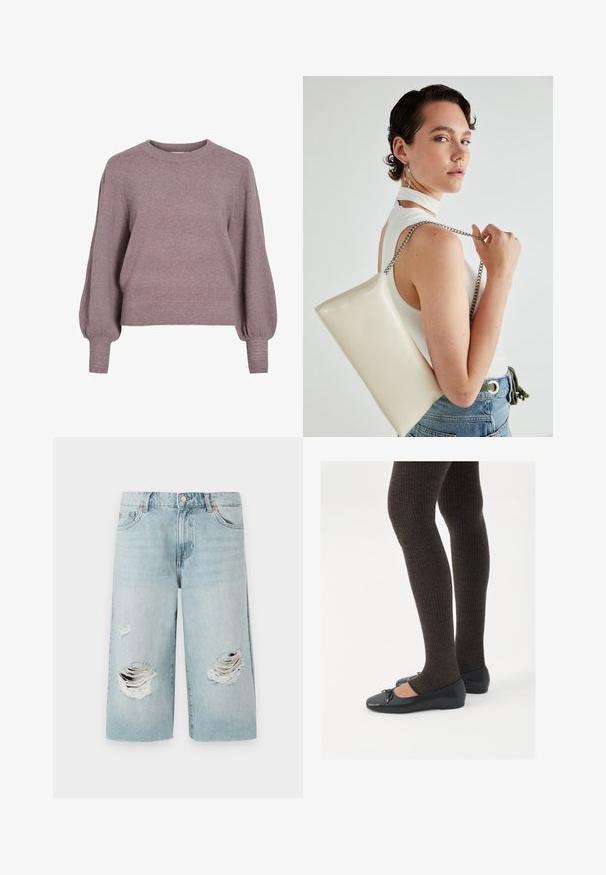 Strikket genser i myk lilla, med rund hals, lange ballongermer, og ribbestrikket nederkant og mansjetter for en teksturert finish.; Lyseblå denimshorts med løs passform, med to store slitte hull foran. Fem lommer og en synlig metallknapplukking.; Sorte flate sko med en liten sløyfedetalj på tåen, kombinert med mørkebrune ribbede strømpebukser. Skoene har en glatt overflate og lav profil.; Hvit rektangulær clutch-veske laget av blankt materiale, med en sølvkjede-stropp. Modellen poserer og viser vesken mot en ensfarget bakgrunn.