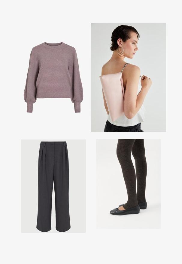 Pulôver de malha em roxo suave, com gola redonda, mangas longas em balão, e bainha e punhos canelados para um acabamento texturizado.; Calças largas em tecido cinza escuro, com pregas frontais, uma textura suave e uma cintura ajustada com passadores para cinto.; Sapatos planos pretos com um pequeno laço na ponta, emparelhados com meias-calças caneladas castanhas escuras. Os sapatos têm uma textura suave e um design discretamente baixo.; Bolsa de pele rosa com um formato retangular, alça de corrente prateada e textura suave, usada nas costas. Design simples sem padrões visíveis.