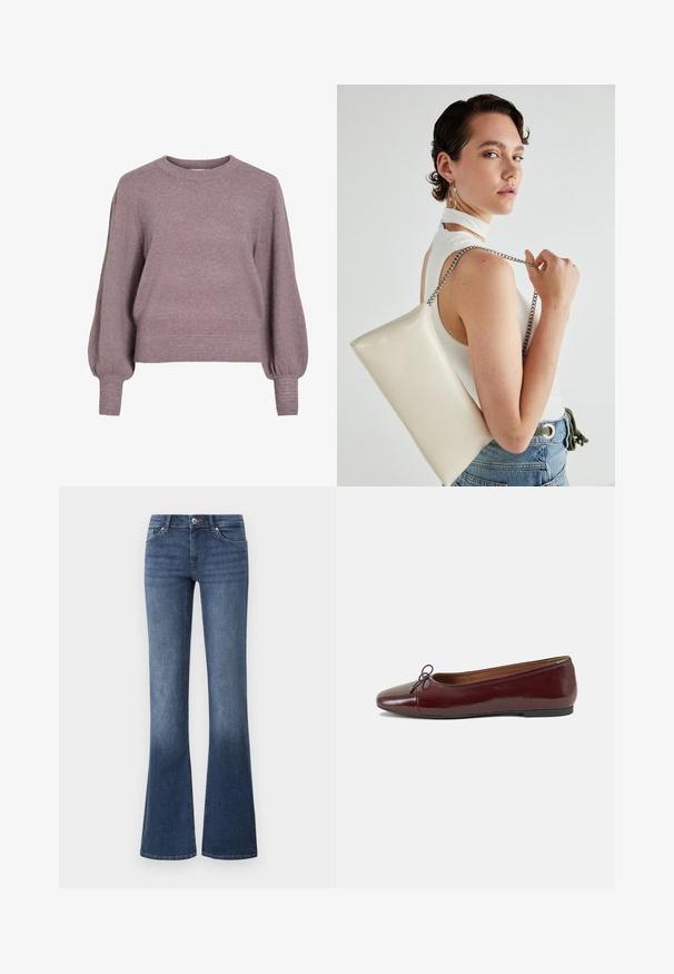 Pehmeast lillast lõngast kootud sviiter, millel on ümmargune kaelus, pikad ballonvarrukad ning soonik serv ja mansetid, et saavutada tekstuuriline viimistlus.; Laiendatud sinised teksad, mis on valmistatud denimist, keskmise pesu, viie tasku ja lukuga, nööbiga kinnitatud. Sile tekstuur.; Burgundi patendnahk kingad balletitüüpi, ümmarguse ninaosa, ees väike paelaaktsent ja madal must kummist tald. Sile tekstuur.; Valge ristkülikuline kotti, mis on valmistatud läikivast materjalist, hõbedase ahelsangaga. Mudel poseerib, tutvustades kotti ühtlase taustaga.