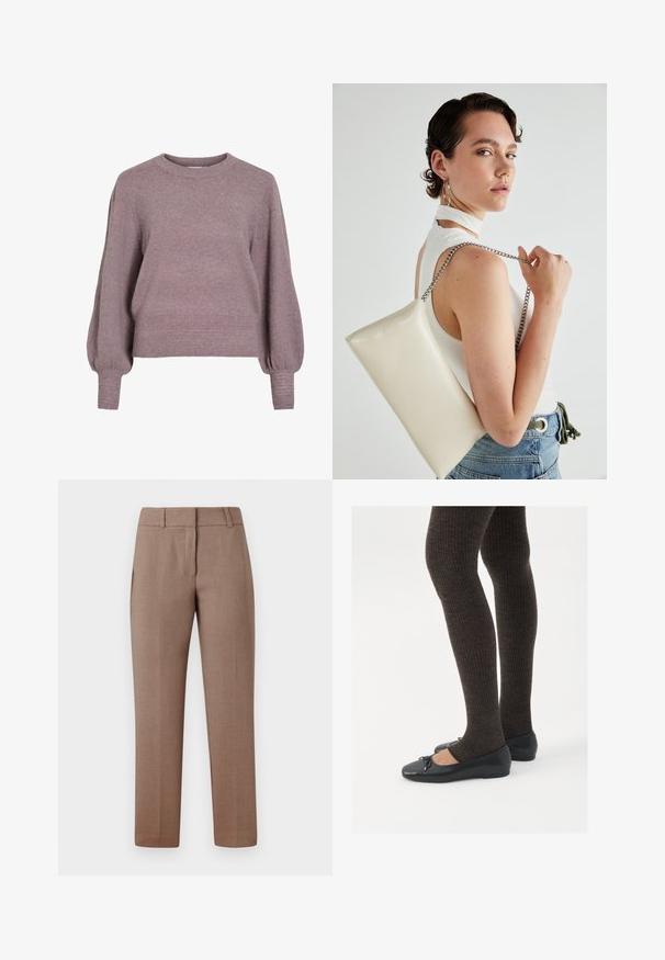 Knitted pullover sweater in soft purple, featuring a crew neck, long balloon sleeves, and a ribbed hem and cuffs for a textured finish.; Light brown tailored trousers with a smooth texture, flat front, side pockets, and a straight-leg design. Fabric features a subtle pattern.; Black flat shoes with a small bow detail at the toe, paired with dark brown ribbed tights. Shoes have a smooth texture and low profile.; White rectangular clutch bag made of glossy material, featuring a silver chain strap. Model poses, showcasing the bag against a plain background.