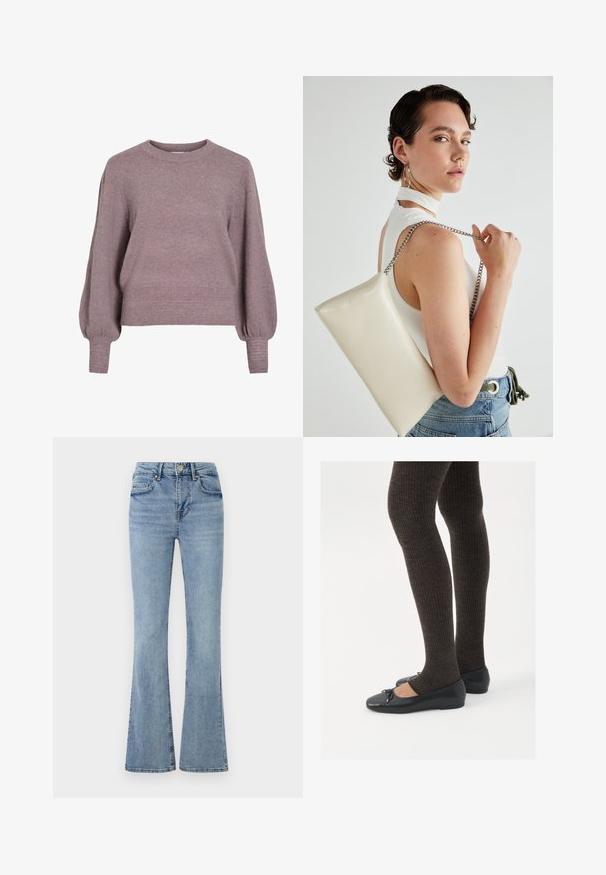 Pulôver de malha em roxo suave, com gola redonda, mangas longas em balão, e bainha e punhos canelados para um acabamento texturizado.; Jeans de ganga de tom azul claro, com alta cintura, fecho frontal por botão e zip, cinco bolsos e pernas ligeiramente largas.; Sapatos planos pretos com um pequeno laço na ponta, emparelhados com meias-calças caneladas castanhas escuras. Os sapatos têm uma textura suave e um design discretamente baixo.; Bolsa de mão retangular branca, feita de material brilhante, com uma alça em corrente prateada. Modelo posa, exibindo a bolsa contra um fundo simples.