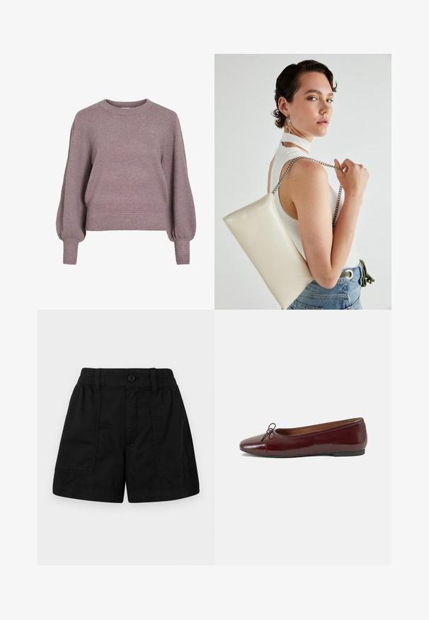 Pull en tricot dans un doux violet, avec un col rond, de longues manches ballons et un ourlet et des poignets côtelés pour une finition texturée.; Shorts en coton noir avec une taille élastique et une fermeture à bouton, dotés de deux poches avant et d'une coupe droite. Texture lisse.; Ballerines en cuir verni bordeaux avec un bout rond, un petit nœud décoratif à l'avant et une semelle en caoutchouc noire basse. Texture lisse.; Pochette rectangulaire blanche en matériau brillant, avec une bandoulière en chaîne argentée. Le modèle pose en mettant en valeur le sac contre un fond uni.