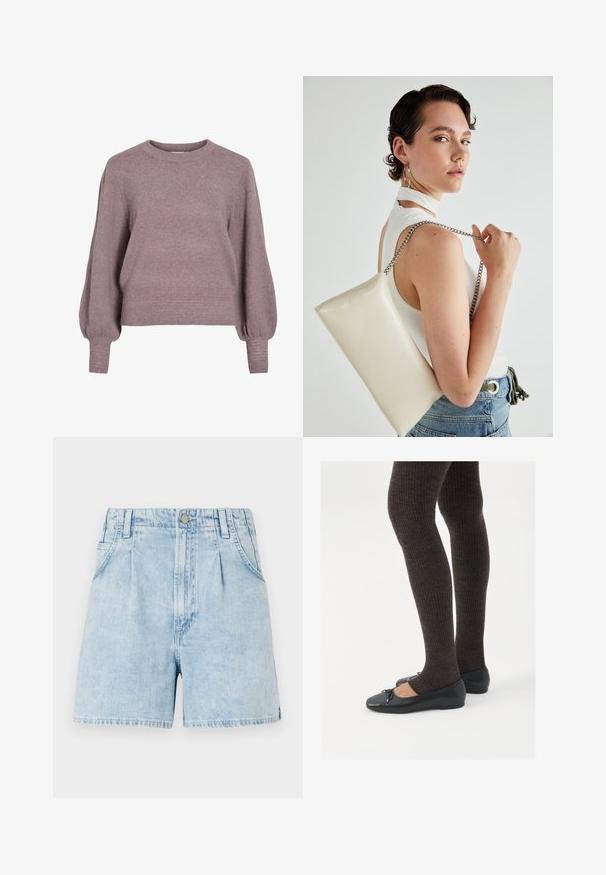 Knitted pullover sweater in soft purple, featuring a crew neck, long balloon sleeves, and a ribbed hem and cuffs for a textured finish.; Light blue denim shorts with a high waist, featuring front pleats, two side pockets, and a button closure. Soft, textured fabric.; Black flat shoes with a small bow detail at the toe, paired with dark brown ribbed tights. Shoes have a smooth texture and low profile.; White rectangular clutch bag made of glossy material, featuring a silver chain strap. Model poses, showcasing the bag against a plain background.