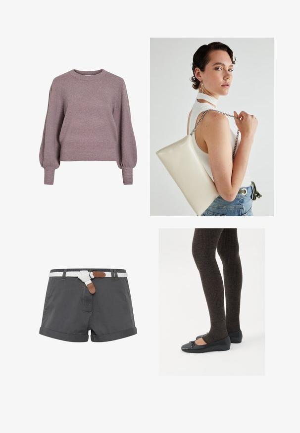 Pleteni pulover v mehki vijolični barvi, z okroglim izrezom, dolgimi balonskimi rokavi ter rebrastim robom in manšetami za teksturiran videz.; Sivi bombažni šortsi z zavihki, oblečeni z belim pletenim pasom in rjavimi usnjenimi detajli. Vidne šive na tkanini.; Črne ravne čevlje z majhnim lokom na prstih, v kombinaciji s temno rjavimi rebrastimi nogavicami. Čevlji imajo gladko teksturo in nizko obliko.; Bela pravokotna torbica za ključe iz sijajnega materiala, opremljena s srebrno verižico. Model pozira in prikazuje torbico na enobarvni podlagi.