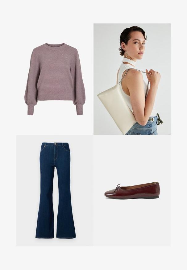 Puhaszálas, lágy lila kötött pulóver, kerek nyakkal, hosszú, ballonujjakkal, bordás alsó résszel és mandzsettákkal a texturált megjelenés érdekében.; Sötétkék, bővülő szárú farmernadrág. Tartalmaz egy elől gombos záródást, öt zsebes kialakítást, és varrott díszítést a zsebeken.; Burgundi lakkbőr balettcipő kerek orral, elöl kis masni díszítéssel és alacsony, fekete gumi talppal. Simára csiszolt felület.; Fehér, téglalap alakú, fényes anyagból készült clutch táska, ezüst láncos pánttal. A modell pózol, bemutatva a táskát egy egyszínű háttér előtt.