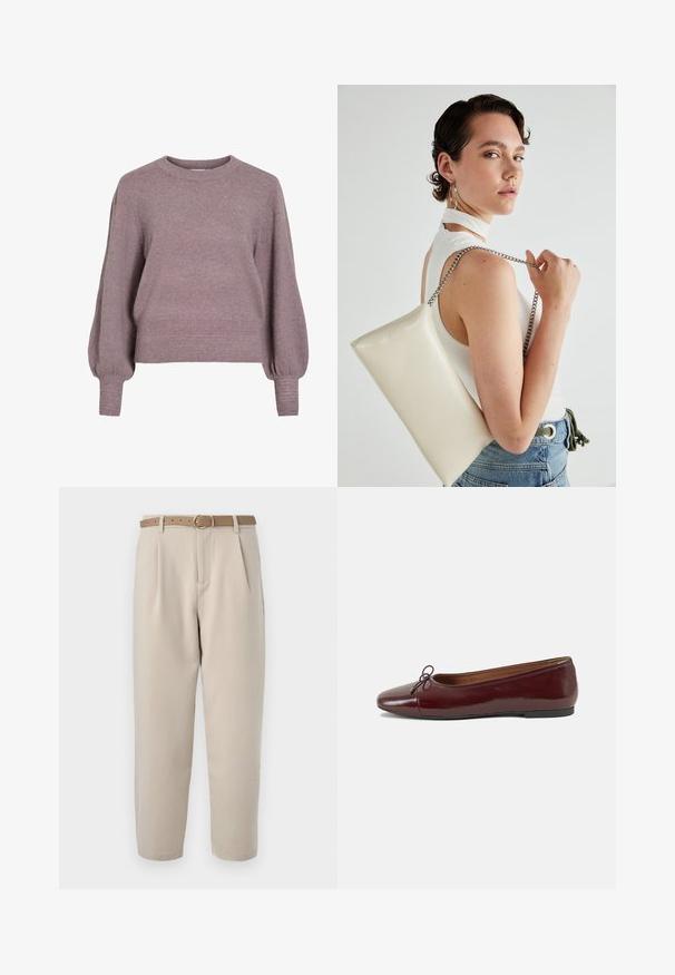 Pulôver de malha em roxo suave, com gola redonda, mangas longas em balão, e bainha e punhos canelados para um acabamento texturizado.; Calças ajustadas beiges com pregas frontais, um cinto castanho e uma fivela redonda. O tecido parece suave com um design de perna reta.; Bailarinas em couro sintético borgonha com bico redondo, pequeno laço na frente e sola baixa em borracha preta. Textura suave.; Bolsa de mão retangular branca, feita de material brilhante, com uma alça em corrente prateada. Modelo posa, exibindo a bolsa contra um fundo simples.
