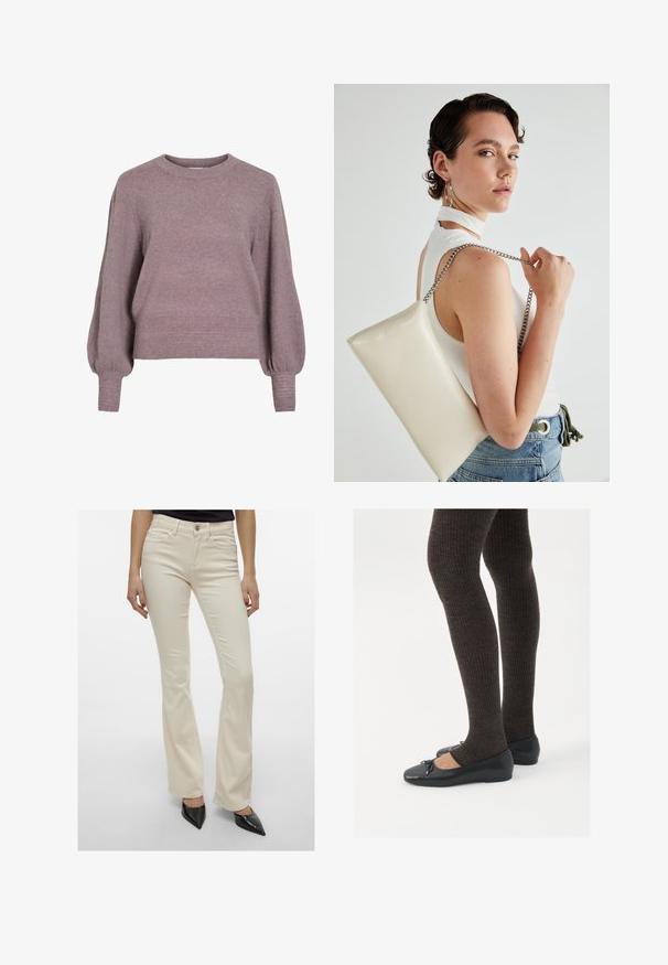 Purinė megzto puloverio su pečių apykakle, ilgomis balioninėmis rankovėmis ir sienelėmis bei rankogaliais, suteikiančiais tekstūruotą apdailą, švelniai violetinės spalvos.; Kreminės spalvos flared kelnės, pagamintos iš elastingos medvilnės mišinio. Yra standartinė penkių kišenių stilius ir priekinis mygtukų užsegimas.; Juodos plokščios bateliai su maža kaspinėlio detale prie pirštų, derinami su tamsiai rudos spalvos raukšlėtomis pėdkelnėmis. Bateliai turi lygų paviršių ir žemą profilį.; Balta, stačiakampio formos rankinė pagaminta iš blizgaus medžiagos, su sidabriniu virvute. Modelis pozavo, demonstruodamas rankinę prieš paprastą foną.