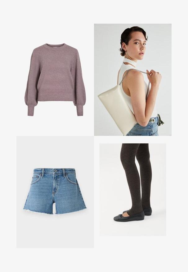 Purinė megzto puloverio su pečių apykakle, ilgomis balioninėmis rankovėmis ir sienelėmis bei rankogaliais, suteikiančiais tekstūruotą apdailą, švelniai violetinės spalvos.; Šviesiai mėlynos džinsinės šortai su aukšta juosmens linija. Įrengti suplėšytu kraštu ir penkiomis kišenėmis. Klasikinis dizainas su variniais priedais ir priekiniais užsegimais.; Juodos plokščios bateliai su maža kaspinėlio detale prie pirštų, derinami su tamsiai rudos spalvos raukšlėtomis pėdkelnėmis. Bateliai turi lygų paviršių ir žemą profilį.; Balta, stačiakampio formos rankinė pagaminta iš blizgaus medžiagos, su sidabriniu virvute. Modelis pozavo, demonstruodamas rankinę prieš paprastą foną.