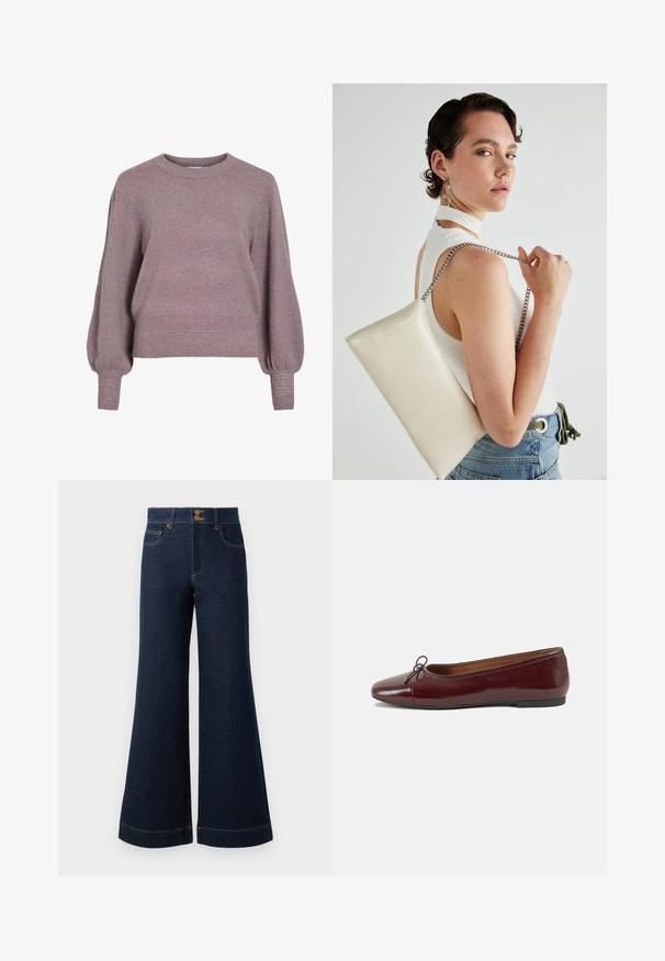 Adīta džemperis mīkstā purpursarkanā krāsā ar apaļu kakla izgriezumu, garām ballonveida piedurknēm, kā arī ribota apakšmalu un aprocēm, piešķirot teksturētu apdari.; Tumši zila džinsa bikses ar plašu platumu, augstu vidukli, priekšējām kabatām un kontrastējošām zelta šuvēm. Iespējota dubultā pogu aizdare.; Burgundijas laku ādas baleta kurpes ar noapaļotu purngalu, nelielu loku akcentu priekšā un zemu melnu gumijas zoli. Gluda tekstūra.; Balts taisnstūra clutch soma, izgatavota no spīdīga materiāla, ar sudraba ķēdes siksnu. Modelis pozē, demonstrējot somu uz vienkārša fona.