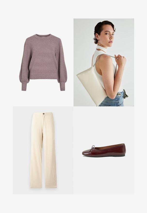 Pletený pulóver v jemnej fialovej farbe, s okrúhlym výstrihom, dlhými balónovými rukávmi a rebrovaným lemom a manžetami pre textúrovaný vzhľad.; Béžové široké nohavice vyrobené z ľahkej tkaniny. S predným zapínaním na gombík a rovnými lemami. Hladký povrch s minimálnymi švami.; Burgundské lakované balerínky s okrúhlou špičkou, malou mašľou na prednej strane a nízkou čiernou gumovou podrážkou. Hladký povrch.; Biely obdĺžnikový kabelka z lesklého materiálu s strieborným reťazovým popruhom. Model predvádza kabelku na jednotnom pozadí.