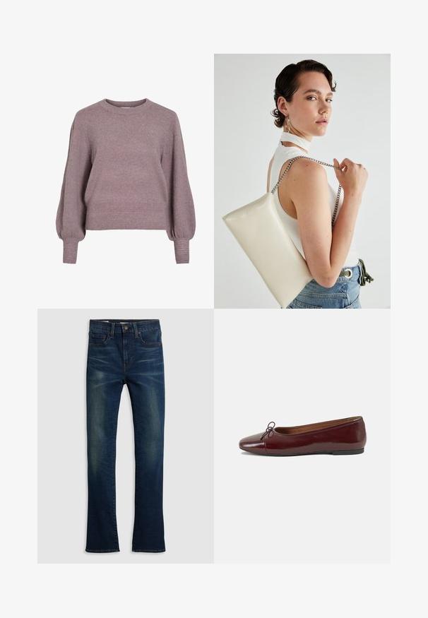 Pulover tricotat în violet deschis, cu guler rotund, mâneci lungi tip balon și un tiv și manșete cu model ribat pentru un finisaj texturat.; Jeans din denim de culoare albastră închisă, cu un design drept, stil cu cinci buzunare și detalii subtile de uzură pe față.; Balerini din piele patent burgund cu vârful rotund, accent de fundiță mică în față și talpă joasă din cauciuc negru. Textură netedă.; Geantă de clutch rectangulară albă, realizată dintr-un material lucios, având o curea de lanț argintie. Modelul pozează, evidențiind geanta pe un fundal simplu.
