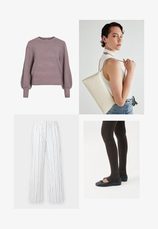 Pull en tricot dans un doux violet, avec un col rond, de longues manches ballons et un ourlet et des poignets côtelés pour une finition texturée.; Pantalons blancs avec des rayures verticales bleu, fabriqués en tissu léger. Équipés d'une taille élastique et de jambes larges et évasées.; Chaussures plates noires avec un petit nœud au niveau des orteils, associées à des collants côtelés marron foncé. Les chaussures ont une texture lisse et un profil bas.; Pochette rectangulaire blanche en matériau brillant, avec une bandoulière en chaîne argentée. Le modèle pose en mettant en valeur le sac contre un fond uni.