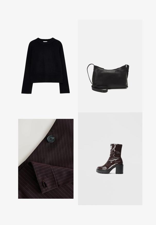 Must vest, mis valmistatud kudumaterjalist, ribidega kaeluse ja mansettidega, pikkade varrukatega ja vaba lõikega.; Bordoo triibuline kangas, millel on must nupp ja kohandatud mansett. Sisaldab peeneid pinstripe'ide ja õmmeldud nupukohad.; Klakav läikiv burgundi värvi pahkluu saabas, millel on paks must konts, sile tekstuur ja lihtne disain. Nähtavad kinnitused või mustrid puuduvad.; Mustmust nahk õlakotil on sile tekstuur, kumer kuju, reguleeritav rihm ja lukuga sulgemine. Minimalistlik disain ilma kaunistusteta.