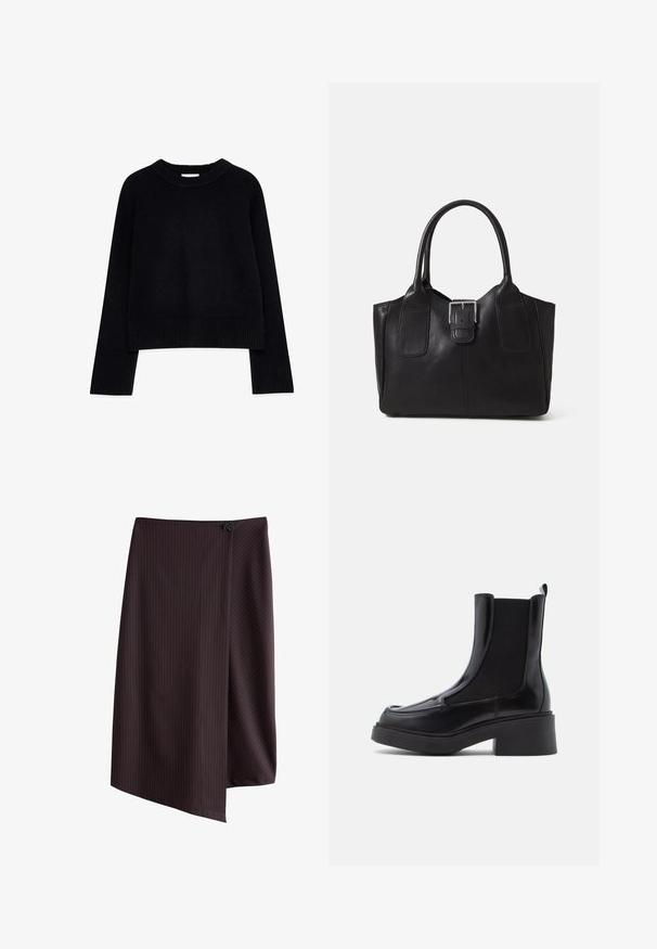 Black cropped sweater made of knit material, featuring a ribbed neckline and cuffs, with long sleeves and a relaxed fit.; Dark brown skirt with vertical pinstripes, featuring a wrap design and a button closure on the waistband. Smooth texture. Edges are asymmetrical.; Black chelsea boots with a chunky heel, featuring a glossy leather upper and elastic side panels for easy wear. Solid rubber sole.; Black leather tote bag with smooth texture, structured shape, two handles, and a prominent silver buckle detail on the front.