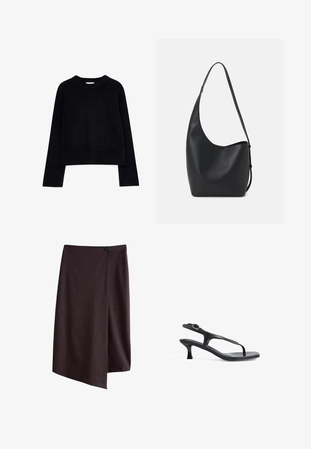 Sort cropped sweater lavet af strikket materiale, med ribbet halsudskæring og manchetter, lange ærmer og en afslappet pasform.; Mørkebrun nederdel med lodrette nålestriber, der har et slå-om-design og en knaplukning i taljen. Glat tekstur. Kanterne er asymmetriske.; Sort læder sandal med et slankt design, tynde stropper og en lille hæl. Har en spænde detaljer og en glat, tekstureret indersål.; Sort læder hobo taske med en glat overflade, buet form og en enkelt justerbar rem; har en bred åbning øverst.