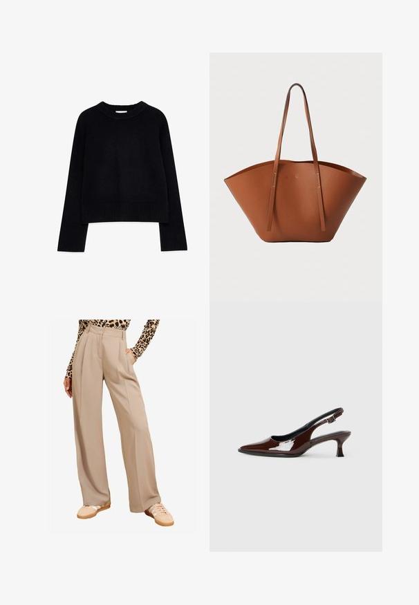 Juodas trumpas megztinis, pagamintas iš mezginio medžiagos, su raukšlėtu apykaklės ir rankovių dizainu, ilgomis rankovėmis ir laisvu kirpimu.; Kreminės pločio kojų kelnės su raukšlėmis, turi kišenes ir lygų paviršių. Derinamos su kreminėmis sportinėmis bateliais ir leopardų rašto viršumi.; Rudos lakuoti odiniai slingback batai su smailiu pirštu ir vidutinio aukščio kulnu. Yra sagties dirželis, užtikrinantis tvirtą prigludimą. Lygus paviršius.; Ruda odinė rankinė su plačia, struktūrizuota forma, plonomis rankenomis ir tekstūruotu paviršiu. Pasižymi minimalistišku dizainu be matomų detalių.