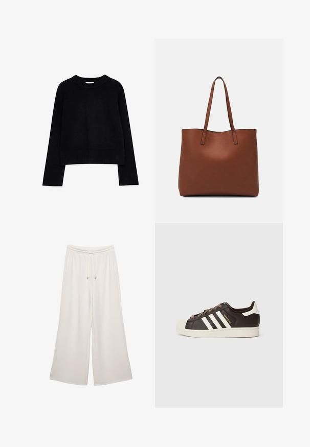 Czarny krótki sweter wykonany z dzianiny, z prążkowanym dekoltem i mankietami, z długimi rękawami i luźnym krojem.; Kremowe spodnie w szerokim kroju wykonane z miękkiego materiału, z elastycznym paskiem w talii, sznurkiem oraz bocznymi kieszeniami. Gładka faktura.; Niskie trampki Adidas Superstar z ciemnobrązowej skóry z kremowym noskiem w kształcie skorupy, białymi paskami i napisem „Superstar” po boku.; Brązowa skórzana torba tote o gładkiej fakturze, z otwartym wierzchem i dwoma ramiączkami. Charakteryzuje się minimalnym przeszyciem i brakiem widocznych elementów metalowych.