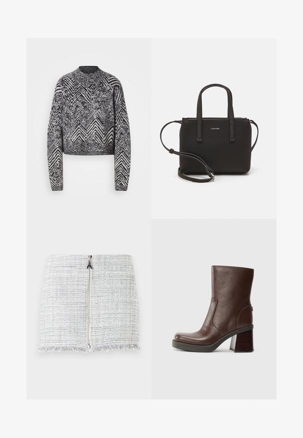 Kratký svetr v černobílé barvě s chevron vzorem, má dlouhé rukávy a kulatý výstřih. Texturovaná pletenina.; Šedá kostkovaná mini sukně s třepeným lemem a centrálním zipovým zapínáním. Materiál má texturovaný, tkaný vzor.; Hnědá kožená kotníková botka s kulatou špičkou, hladkým povrchem a robustním dřevěným podpatkem. Detail bočního švu a jemný lesk.; Černá kabelka s dvojitými krátkými uchy a odnímatelným ramenním popruhem. Hladký koženkový materiál s uzávěrem na zip a detailem loga.