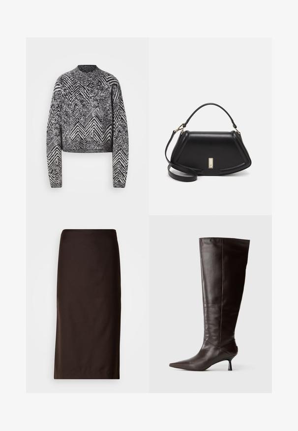 Cropped sweater in black and white with a chevron pattern, features long sleeves and a round neckline. Textured knit fabric.; Brown pencil skirt, knee-length, made of smooth fabric. Features a simple design with no visible patterns or embellishments.; Brown leather knee-high boot with a pointed toe and slim heel. Smooth texture and sleek design, featuring a minimalistic silhouette.; Black leather handbag with a structured design, featuring a cropped shape, top handle, and gold hardware accent. Adjustable shoulder strap included.