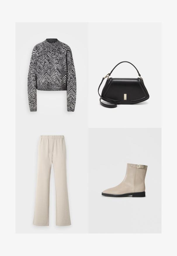 Cropped sweater in black and white with a chevron pattern, features long sleeves and a round neckline. Textured knit fabric.; Beige, flared pants made of smooth fabric with an elastic waistband and minimal detailing. Designed for comfort and ease of wear.; Beige leather ankle boot with pointed toe, black sole, low heel, and gold buckle strap on outer side, shown on white background.; Black leather handbag with a structured design, featuring a cropped shape, top handle, and gold hardware accent. Adjustable shoulder strap included.