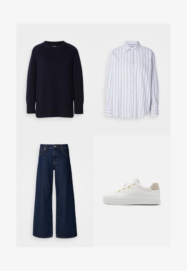 Σκούρο ναυτικό μπλε πουλόβερ με μακριά μανίκια και στρογγυλή λαιμόκοψη, με μαλακή, πλεκτή υφή και ριμπ ύφανση στις μανσέτες και το στρίφωμα, σε φόντο ανοιχτού γκρι.; Λευκό πουκάμισο με στενές ναυτικές κάθετες ρίγες, κουμπί μπροστά, γιακά σε σημείο, μακριά μανίκια με κουμπωτές μανσέτες, μαλακό ύφασμα, χαλαρή εφαρμογή.; Φαρδύ παντελόνι από σκούρο μπλε τζιν με υψηλή μέση, μπροστινές τσέπες και κλείσιμο με κουμπί. Διαθέτει αντίθετη ραφή και λείες υφές.; Λευκό αθλητικό παπούτσι με δερμάτινο επάνω μέρος, στρογγυλή μύτη, χρυσά εξαρτήματα και σουέτ ένθεση στη φτέρνα. Διαθέτει επίπεδες κορδόνες και υφασμένο καουτσούκ σόλα.