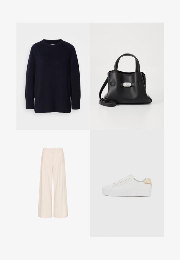 Mørk marineblå crewneck langærmet sweater med en blød, strikket tekstur og ribbede manchetter og kant mod en lys grå baggrund.; Creme farvede bukser med brede ben og folder, lavet af et glat stof. Har høj talje og sidelommer for funktionalitet.; Hvide sneakers med en tekstureret ruskindsfinish, flad sål, gyldne snørehuller og et gyldent detalje på hælen. Enkelt, minimalistisk design.; Sort læderhåndtaske med en tekstureret overflade, der har to bærehåndtag, en aftagelig skulderrem og en detalje med sølvspænde.