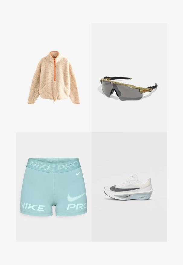 Chlpatý béžový pulóver so zipsom v oranžovej farbe, s doplnkovým golierom, dvoma prednými vreckami a stiahnutým lemom. Mäkka textúra so škvrnkovým detailom.; Svetlomodré dámske šortky vyrobené z pružného materiálu, s širokým pásom, na ktorom je biely nápis a logo "NIKE PRO".; Biele bežecké tenisky s priedušným vrchným dielom z mäkkej sieťoviny, modrými akcentmi a jedinečným dizajnom medzičlánku so zjavnou tlmiacou sústavou.; Športové slnečné okuliare so zeleným vzorovaným rámom, čiernymi stranami a šedými šošovkami. Dizajn obsahuje okrúhly štýl s odvážnym, športovým tvarom.