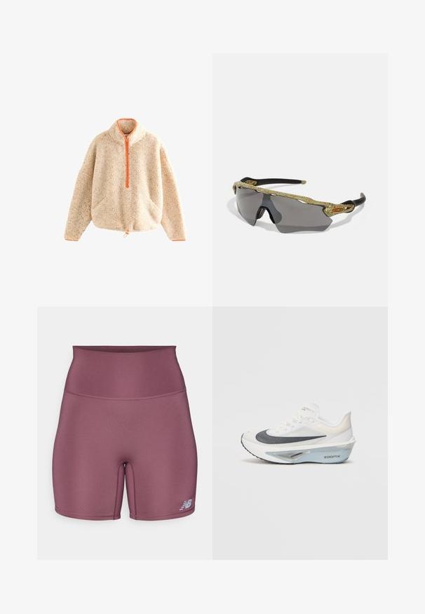 Futrzasty beżowy sweter z pomarańczowym zamkiem, z wysokim kołnierzem, dwoma przednimi kieszeniami i ściągaczem u dołu. Miękka tkanina z drobnymi włóknami.; Sportowe szorty o wysokim stanie w stonowanym fioletowym kolorze, wykonane z gładkiego, elastycznego materiału, z małym logotypem na dolnej lewej nodze.; Białe buty do biegania z przewiewną siateczką, niebieskimi akcentami i charakterystyczną podeszwą środkową z widocznym systemem amortyzacji.; Okulary przeciwsłoneczne sportowe z zielonym wzorzystym oprawkiem, czarnymi ramionami i szarymi szkłami. Projekt charakteryzuje się stylem owinięcia wokół głowy i odważnym, sportowym kształtem.
